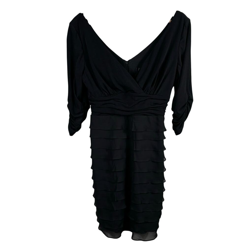 S.L. Fashions Tiered Ruffle Dress Women 10 Black NWT V-Neck 3/4 Sleeve Cockail